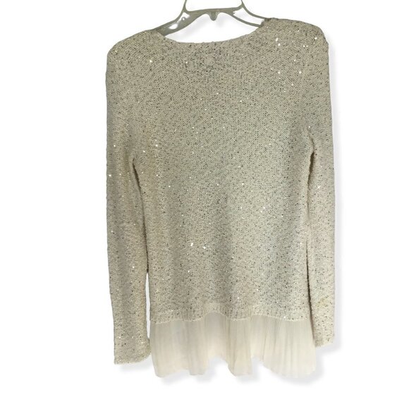 Alfani Sequined Sweater Long Sleeve Chiffon Hem Pullover Women's Sz  Small White - Picture 2 of 8